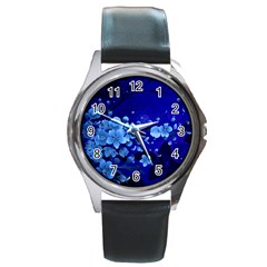 Floral Design, Cherry Blossom Blue Colors Round Metal Watch