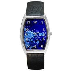 Floral Design, Cherry Blossom Blue Colors Barrel Style Metal Watch