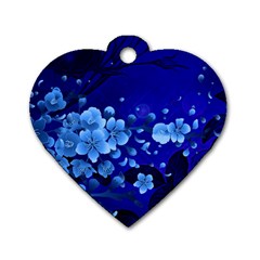 Floral Design, Cherry Blossom Blue Colors Dog Tag Heart (One Side)