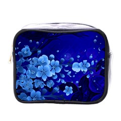 Floral Design, Cherry Blossom Blue Colors Mini Toiletries Bags