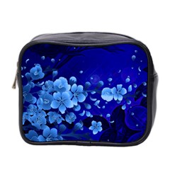 Floral Design, Cherry Blossom Blue Colors Mini Toiletries Bag 2-Side