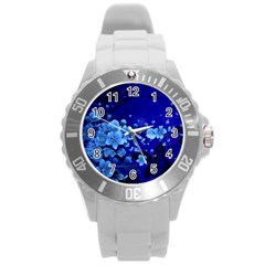 Floral Design, Cherry Blossom Blue Colors Round Plastic Sport Watch (l) by FantasyWorld7