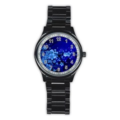 Floral Design, Cherry Blossom Blue Colors Stainless Steel Round Watch