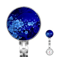 Floral Design, Cherry Blossom Blue Colors Stainless Steel Nurses Watch