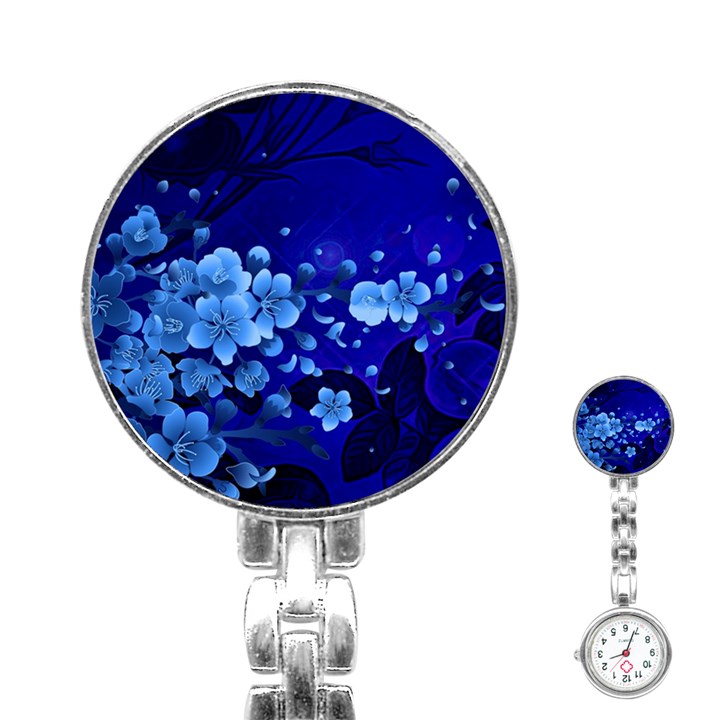 Floral Design, Cherry Blossom Blue Colors Stainless Steel Nurses Watch