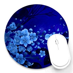 Floral Design, Cherry Blossom Blue Colors Round Mousepads