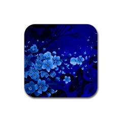 Floral Design, Cherry Blossom Blue Colors Rubber Coaster (Square) 