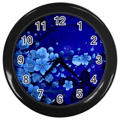 Floral Design, Cherry Blossom Blue Colors Wall Clocks (Black)