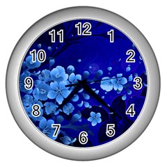 Floral Design, Cherry Blossom Blue Colors Wall Clocks (Silver) 