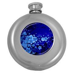 Floral Design, Cherry Blossom Blue Colors Round Hip Flask (5 oz)