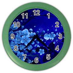 Floral Design, Cherry Blossom Blue Colors Color Wall Clocks by FantasyWorld7