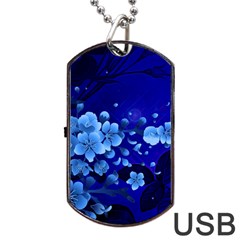 Floral Design, Cherry Blossom Blue Colors Dog Tag USB Flash (Two Sides)