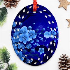 Floral Design, Cherry Blossom Blue Colors Oval Filigree Ornament (Two Sides)