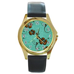 Chocolate Background Floral Pattern Round Gold Metal Watch by Nexatart