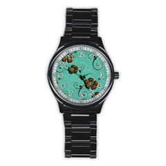 Chocolate Background Floral Pattern Stainless Steel Round Watch by Nexatart