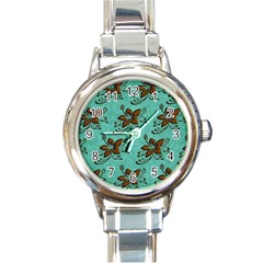 Chocolate Background Floral Pattern Round Italian Charm Watch