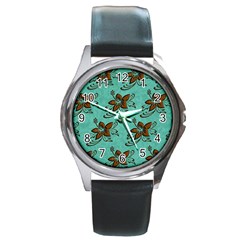 Chocolate Background Floral Pattern Round Metal Watch