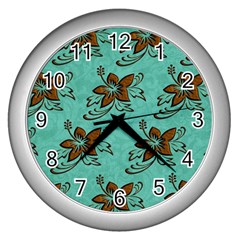 Chocolate Background Floral Pattern Wall Clocks (Silver) 