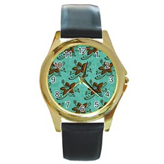 Chocolate Background Floral Pattern Round Gold Metal Watch