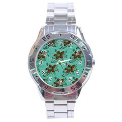 Chocolate Background Floral Pattern Stainless Steel Analogue Watch