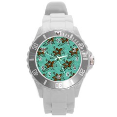 Chocolate Background Floral Pattern Round Plastic Sport Watch (L)