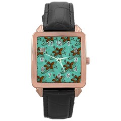 Chocolate Background Floral Pattern Rose Gold Leather Watch 