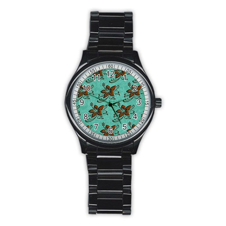 Chocolate Background Floral Pattern Stainless Steel Round Watch