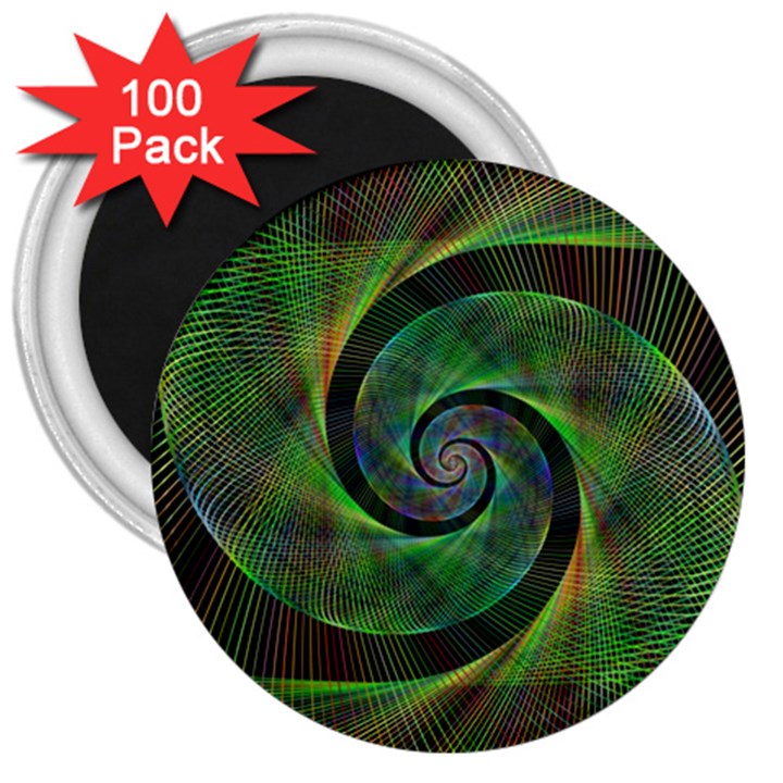 Green Spiral Fractal Wired 3  Magnets (100 pack)