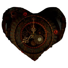 Steampunk, Awesome Clocks Large 19  Premium Flano Heart Shape Cushions by FantasyWorld7