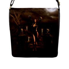 The Dark Side, Dark Fairy With Skulls In The Night Flap Messenger Bag (l)  by FantasyWorld7