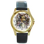 Angry And Colourful Owl T Shirt Round Gold Metal Watch Front