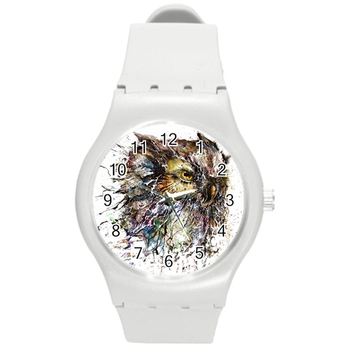 Angry And Colourful Owl T Shirt Round Plastic Sport Watch (M)