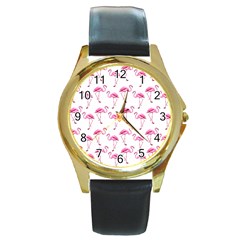 Flamingo Pattern Round Gold Metal Watch by Valentinaart