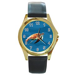 Sea Turtle Round Gold Metal Watch by Valentinaart