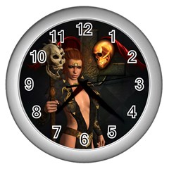 The Dark Side, Women With Skulls In The Night Wall Clocks (silver)  by FantasyWorld7