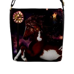 Steampunk Wonderful Wild Horse With Clocks And Gears Flap Messenger Bag (l)  by FantasyWorld7