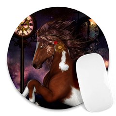 Steampunk Wonderful Wild Horse With Clocks And Gears Round Mousepads by FantasyWorld7