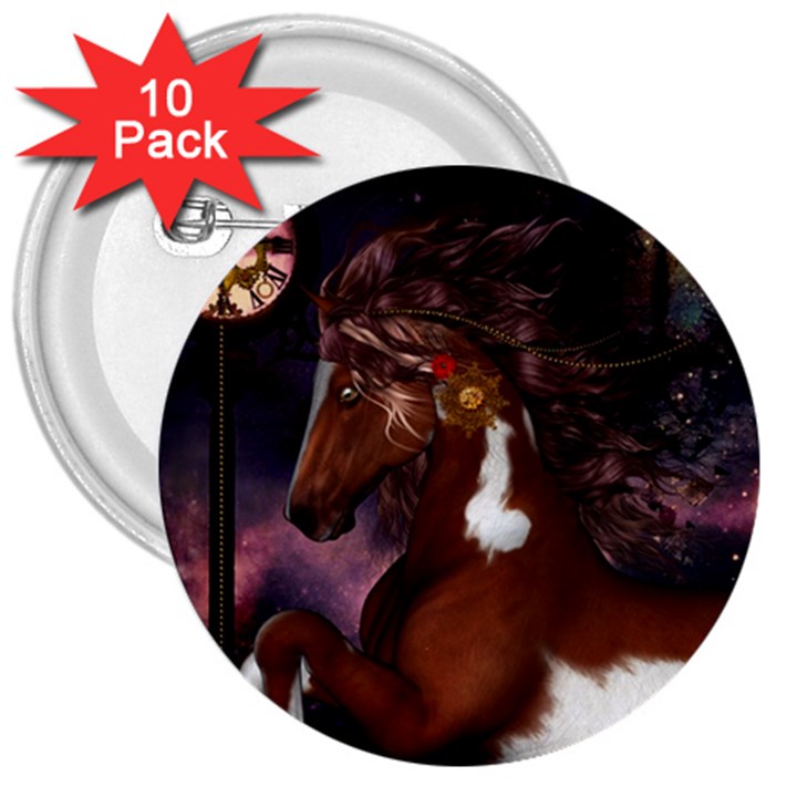 Steampunk Wonderful Wild Horse With Clocks And Gears 3  Buttons (10 pack) 