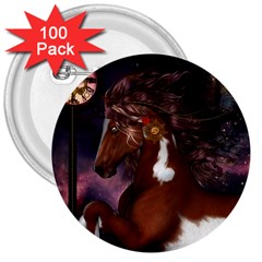 Steampunk Wonderful Wild Horse With Clocks And Gears 3  Buttons (100 Pack)  by FantasyWorld7