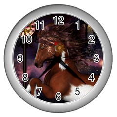 Steampunk Wonderful Wild Horse With Clocks And Gears Wall Clocks (silver)  by FantasyWorld7