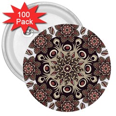 Mandala Pattern Round Brown Floral 3  Buttons (100 Pack)  by Nexatart