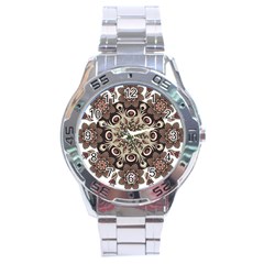 Mandala Pattern Round Brown Floral Stainless Steel Analogue Watch by Nexatart