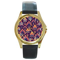 Floral Abstract Purple Pattern Round Gold Metal Watch by paulaoliveiradesign