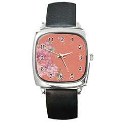 Flower Illustration Rose Floral Pattern Square Metal Watch by paulaoliveiradesign