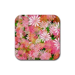 Pink Flowers Floral Pattern Rubber Coaster (square)  by paulaoliveiradesign