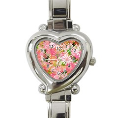 Pink Flowers Floral Pattern Heart Italian Charm Watch by paulaoliveiradesign