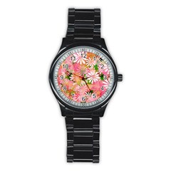 Pink Flowers Floral Pattern Stainless Steel Round Watch by paulaoliveiradesign