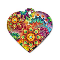 Colorful Abstract Pattern Kaleidoscope Dog Tag Heart (two Sides) by paulaoliveiradesign