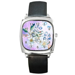 Funny, Cute Frog With Waterlily And Leaves Square Metal Watch by FantasyWorld7