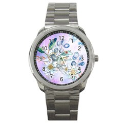 Funny, Cute Frog With Waterlily And Leaves Sport Metal Watch by FantasyWorld7